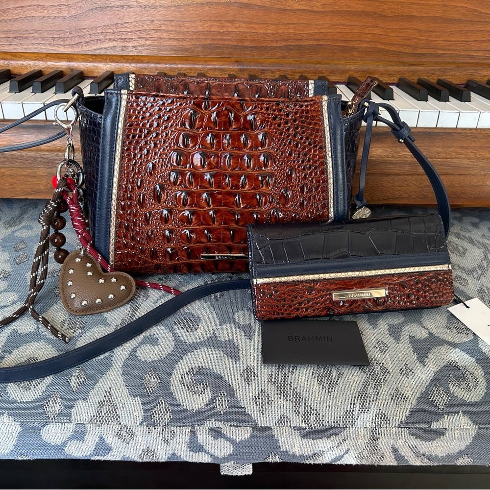 2-PIECE BRAHMIN NAVY VESPER Brown and Black Embossed Crossbody Bag Set